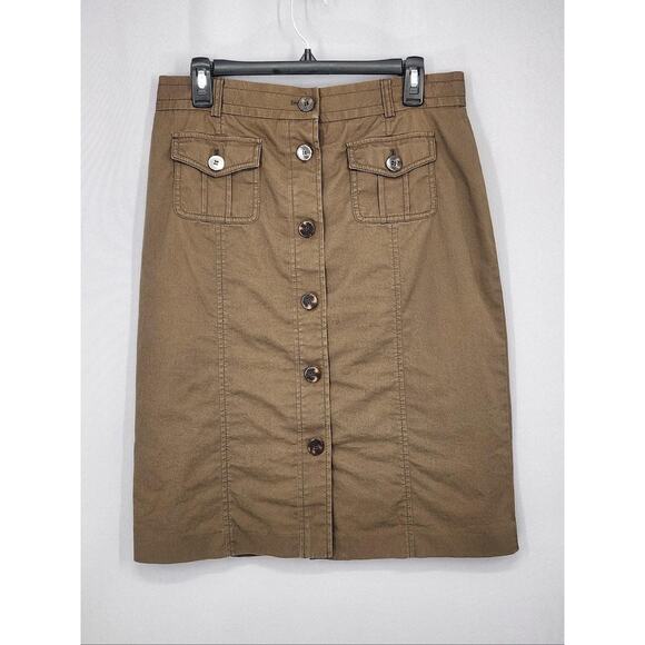 Talbots Skirt Womens 12 Brown Button Front Stretch Lined Military Academia Prep - Picture 1 of 8